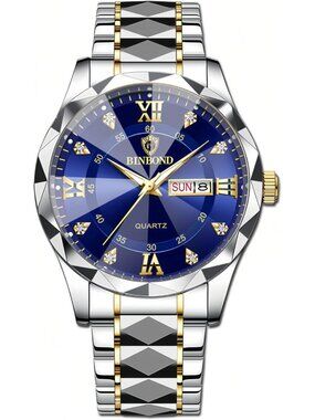 Unisex Silver Blue Analog Stainless Steel Roman Numeral Diamond Waterproof Watch